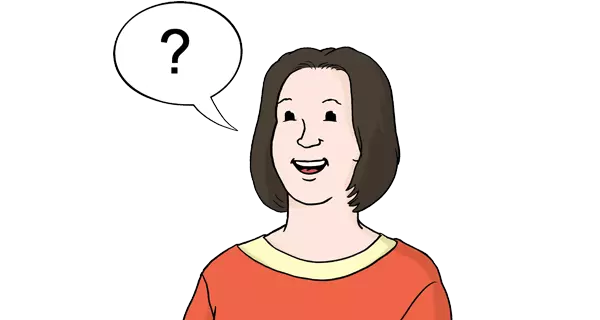 Grafik: Frau stellt eine Frage (Sprechblase mit Fragezeichen)