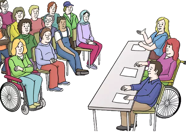 Grafik: Eine Versammlung von Menschen vor einem Tisch mit drei Personen