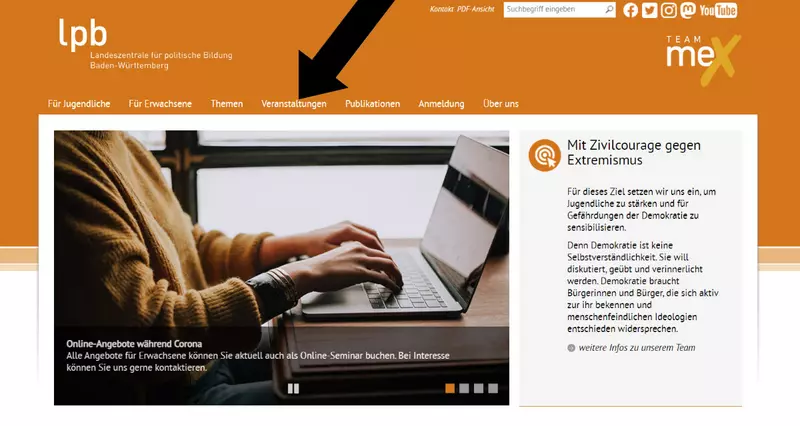 Die Startseite: Obere Leiste über dem großen Bild mit verschiedenen Bereichen. 