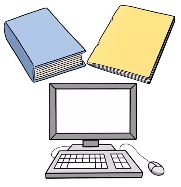 Grafik: Ein Buch, eine Zeitschrift und ein Computer mit Tastatur und Maus