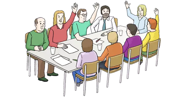 Grafik: Menschen sitzen an einem Tisch und stimmen durch Handheben ab